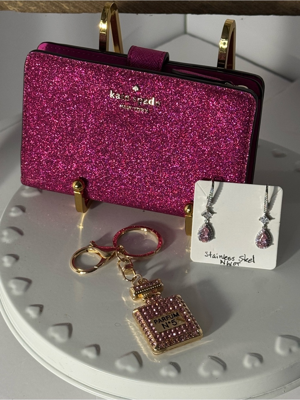 kate spade Bundle. Hot pink glimmer wallet, earrings & key/purse charm. NWOT